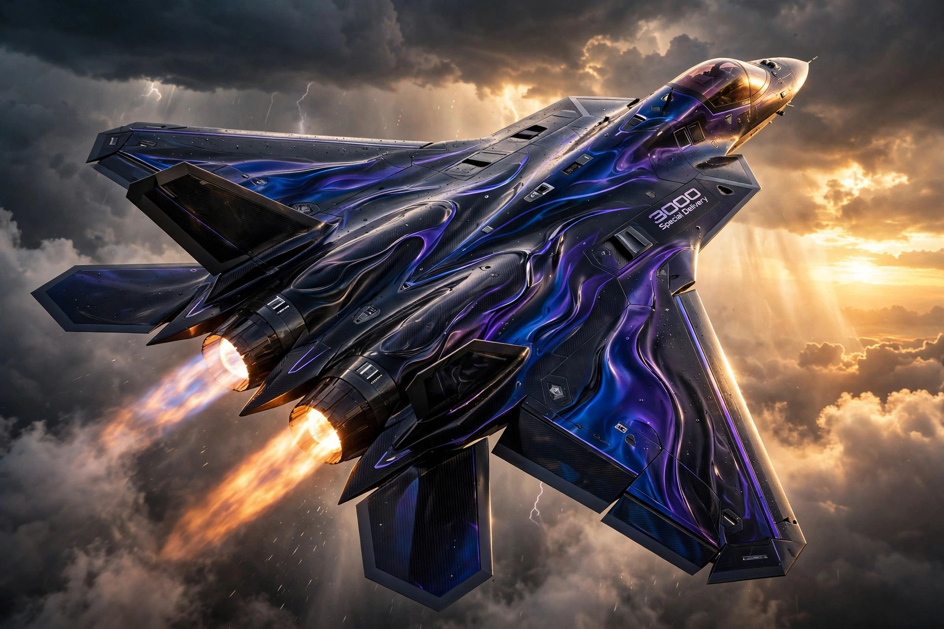 The 3000 Special Delivery β cobalt black carbon fiber fighter jet with chameleon color-shifting metallic paint